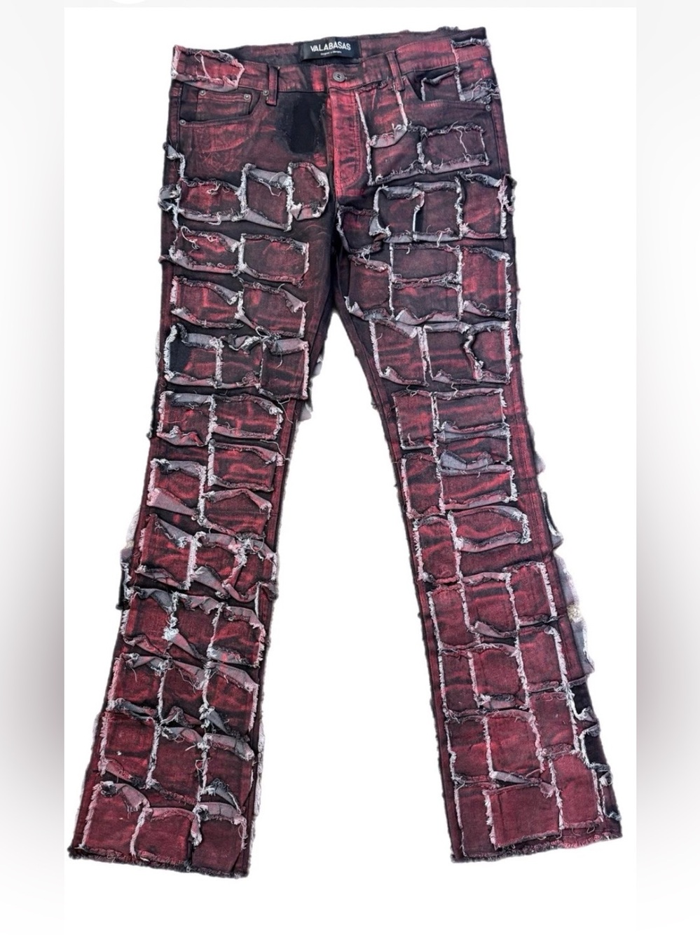 VALABASAS Red Black Geometric Patchwork Denim Jeans Button Fly Men’s